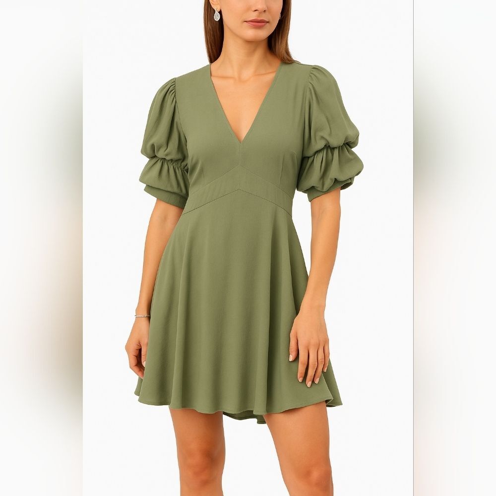 1. State Olive  V-Neck Puff Short Sleeve Fit &Flare Dress L